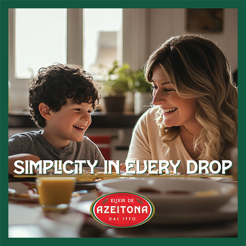 Mother and son enjoying breakfast together, showcasing the Elixir de Azeitona olive oil brand with the tagline "Simplicity in Every Drop."