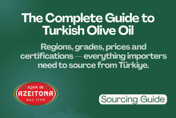A dark green digital banner titled "The Complete Guide to Turkish Olive Oil" featuring the Elixir de Azeitona logo and a "Sourcing Guide" tag.