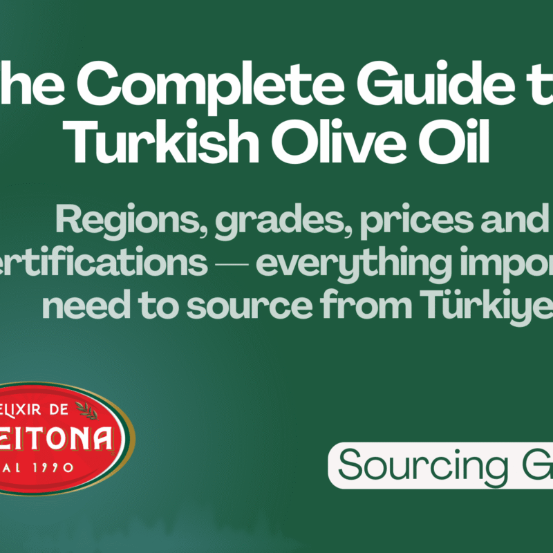 A dark green digital banner titled "The Complete Guide to Turkish Olive Oil" featuring the Elixir de Azeitona logo and a "Sourcing Guide" tag.