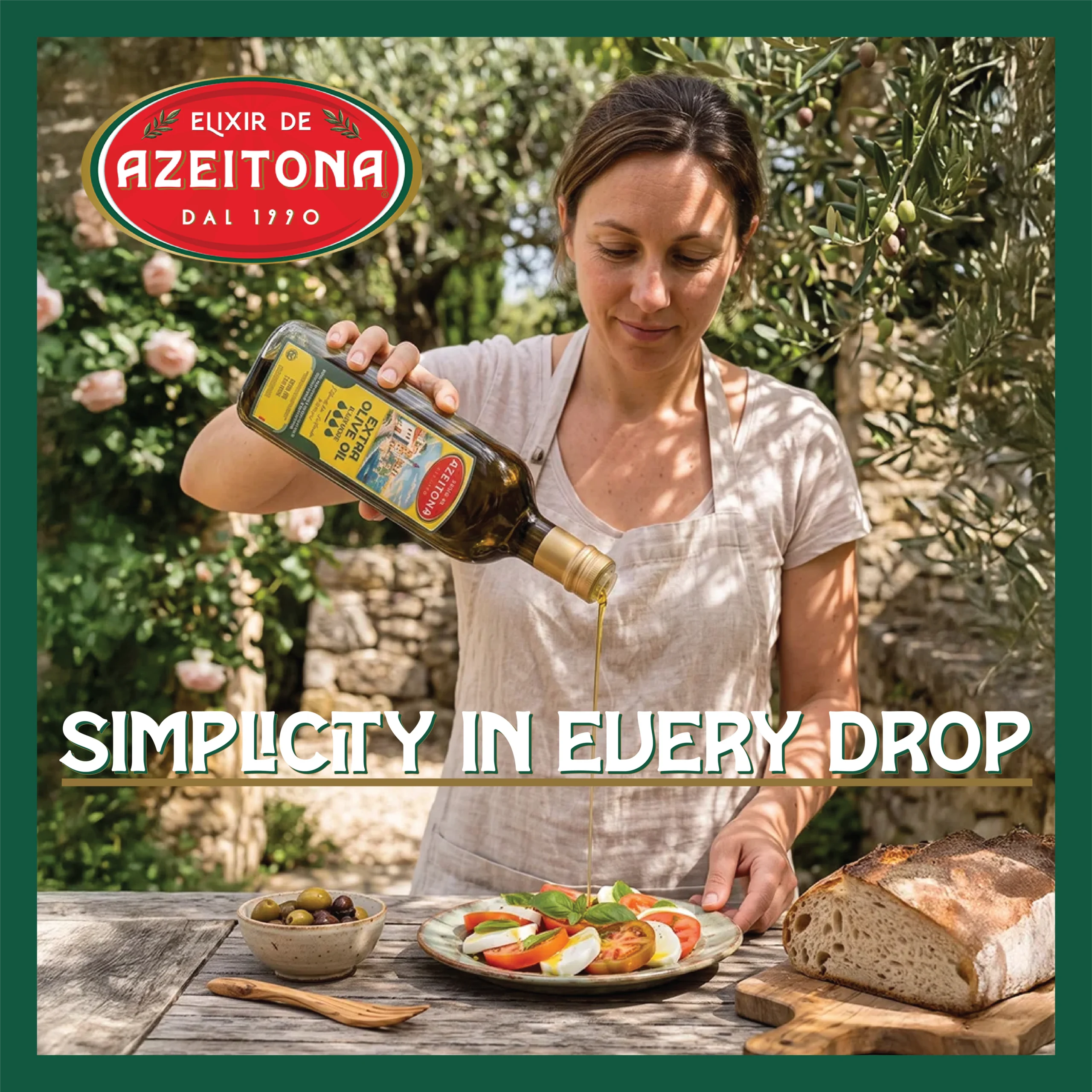 A woman in a linen apron stands outdoors in a sunny garden, pouring Elixir de Azeitona olive oil from a glass bottle onto a fresh caprese salad. A wooden table holds the salad, a small bowl of olives, and a loaf of rustic bread. The brand logo is in the top left, and the text "SIMPLICTY IN EVERY DROP" is layered across the bottom.